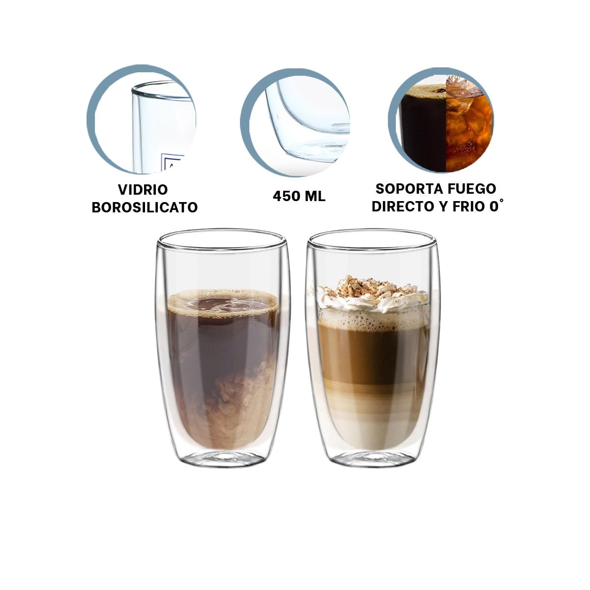 PACK6 VASO DE VIDRIO BOROSILICATO EN TRANSPARENTE 400ML ESTILO DOBLE CAPA Y+REGALO STICKER - 2