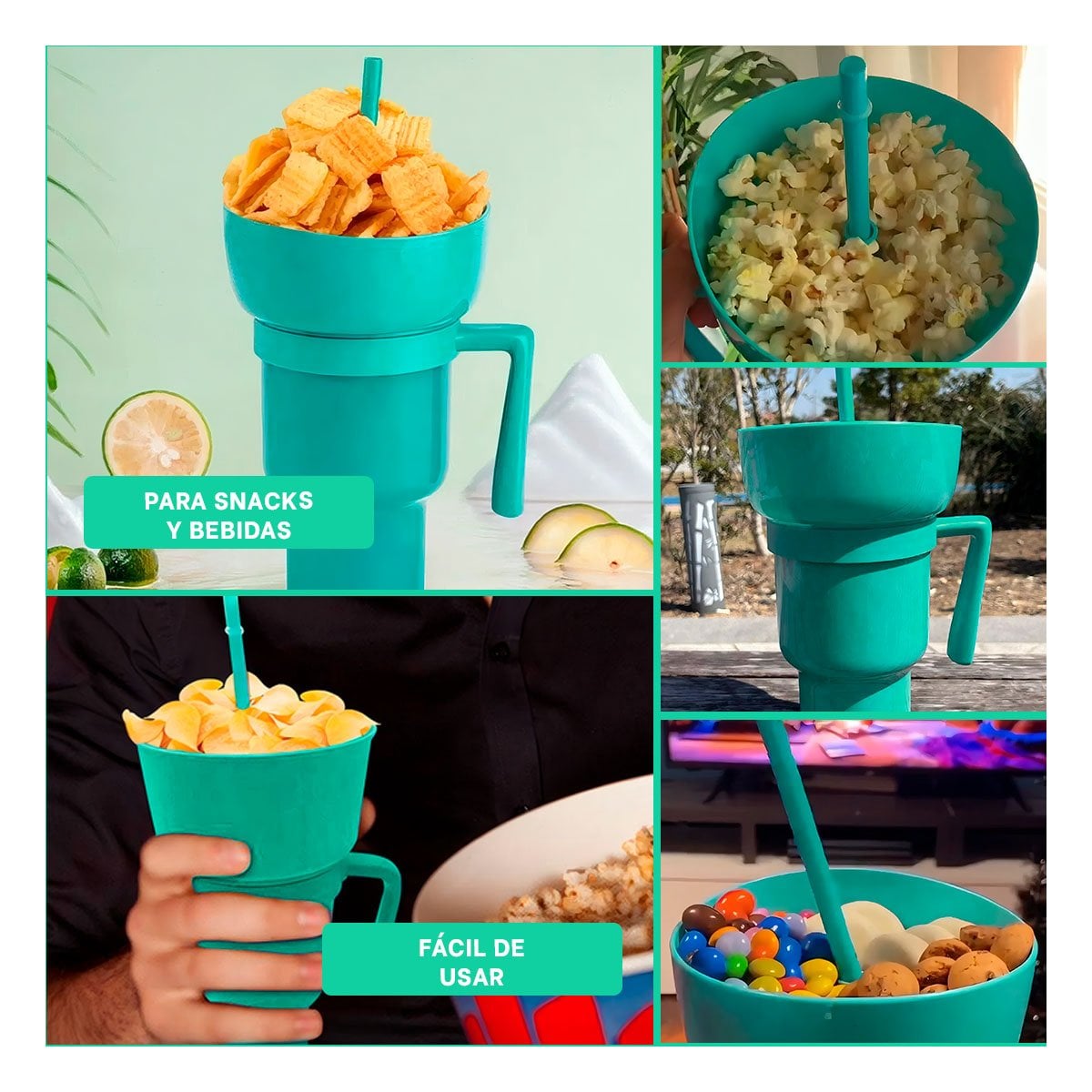 PACK4 CONTENEDOR 2 EN 1 EN ABS VERDE PARA BEBIDAS Y SNACKS Y+REGALO STICKER - 2