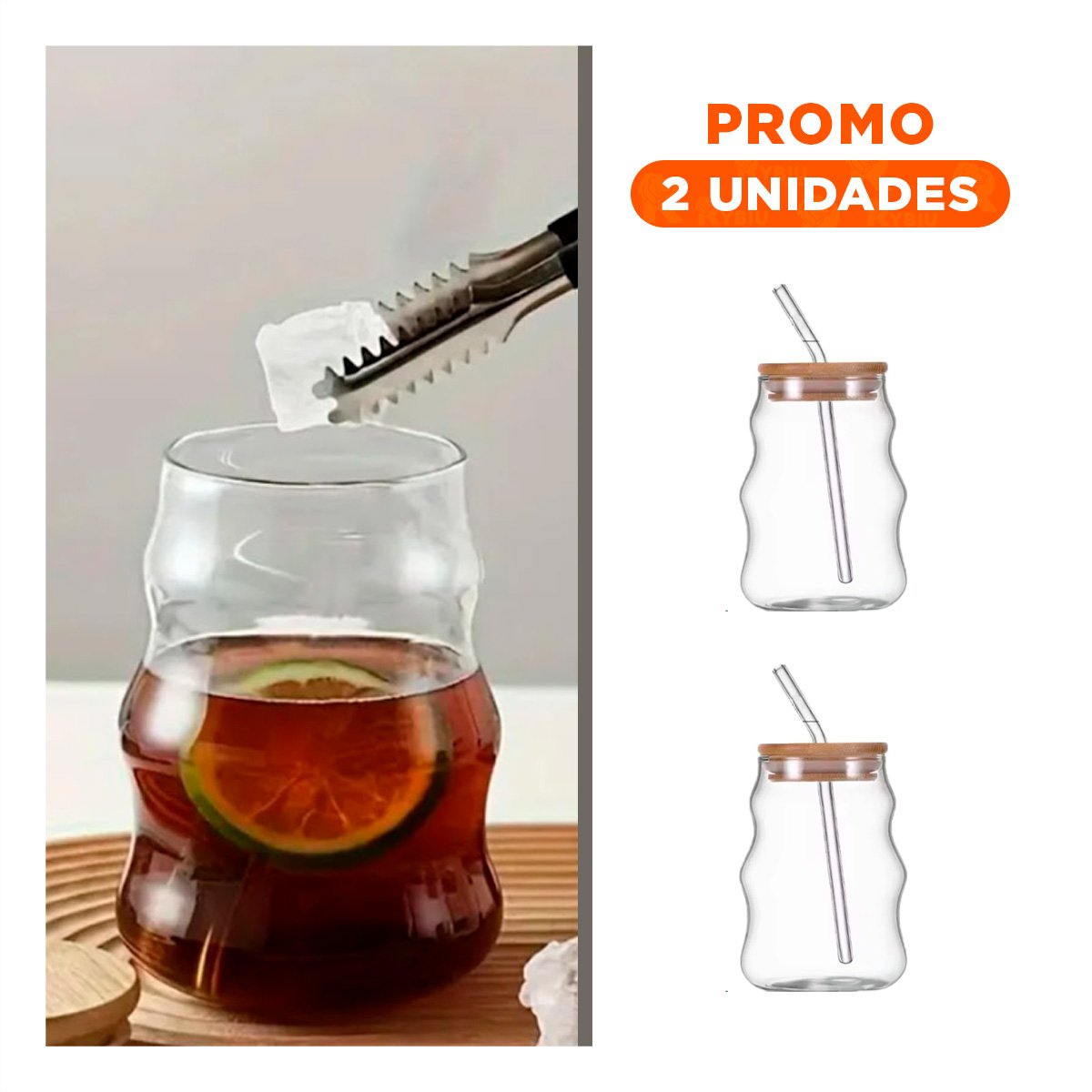 PACK2 CONTENEDOR DE VIDRIO 500ML CON TAPA Y SORBETE TRANSPARENTE PARA BEBIDAS - 1