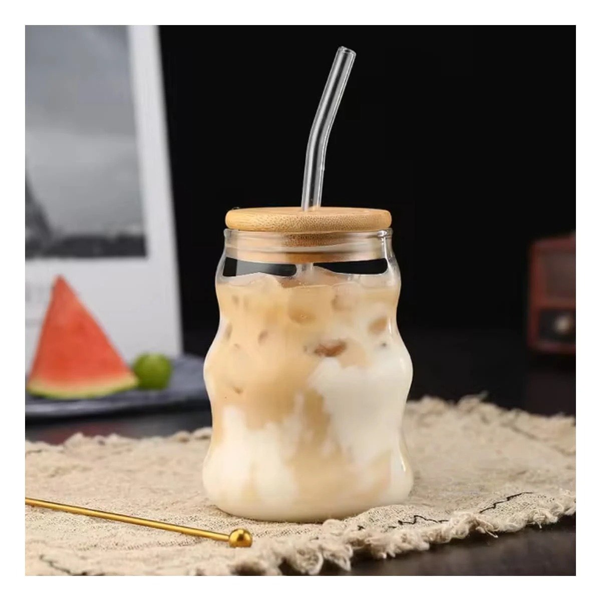 PACK2 CONTENEDOR DE VIDRIO 500ML CON TAPA Y SORBETE TRANSPARENTE PARA BEBIDAS - 5