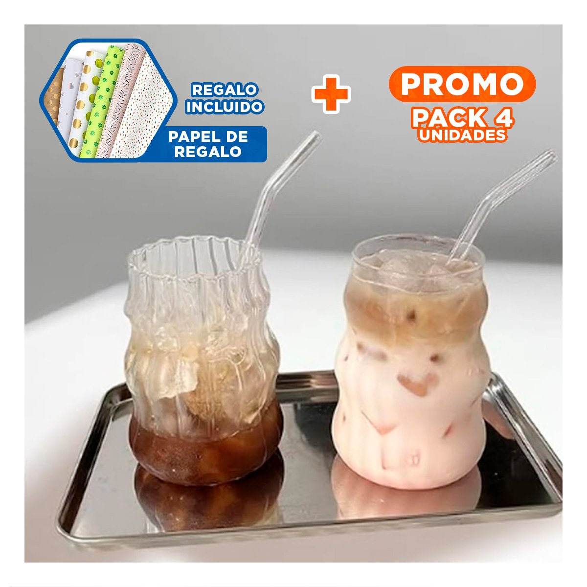 PACK4 CONTENEDOR DE VIDRIO 500ML CON TAPA Y SORBETE TRANSPARENTE PARA COCINA Y+PAPEL REGALO - 1