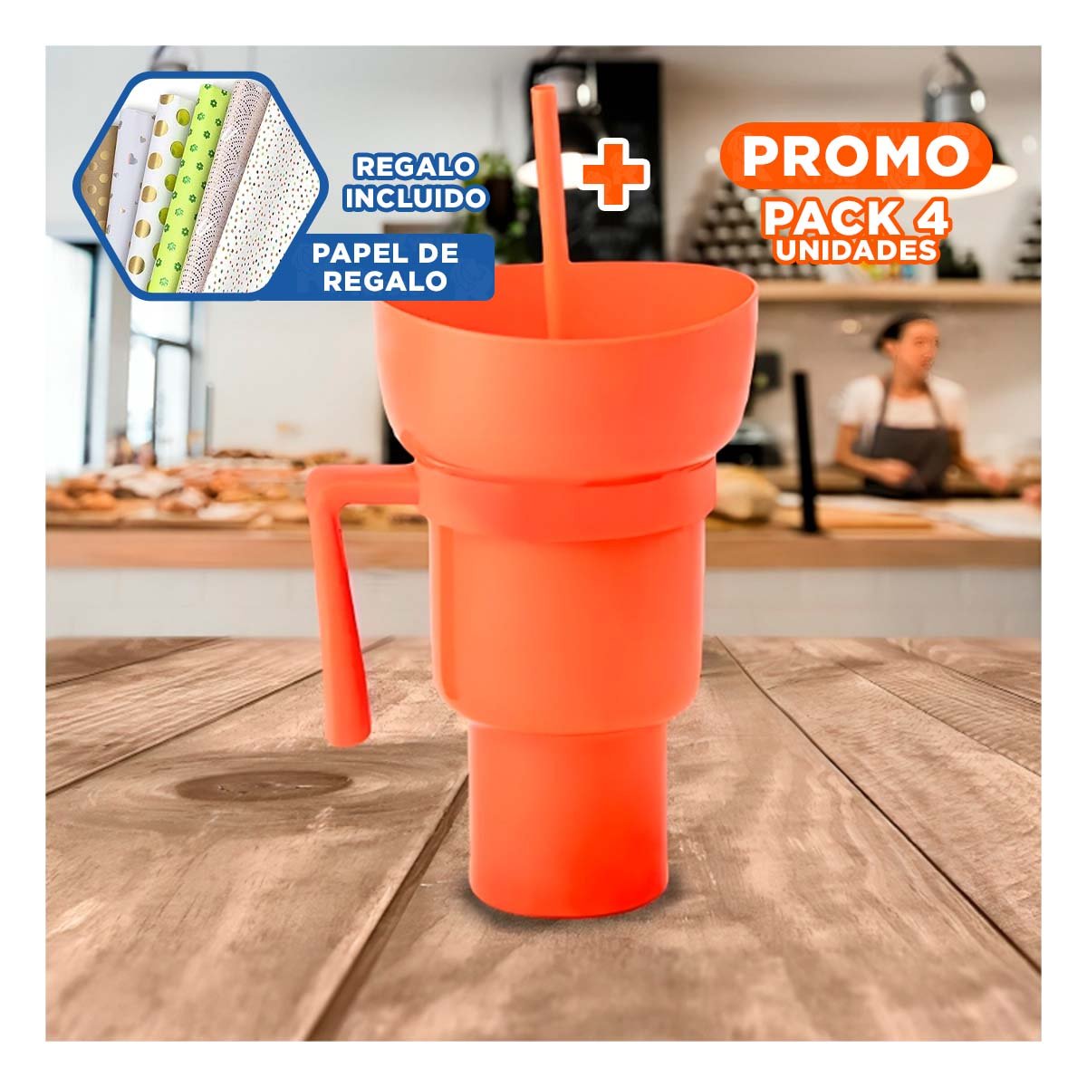 PACK4 VASO 2 EN 1 CON ACABADO ANARANJADO Y FABRICACION ABS PARA USO FAMILIAR Y+PAPEL REGALO - 1