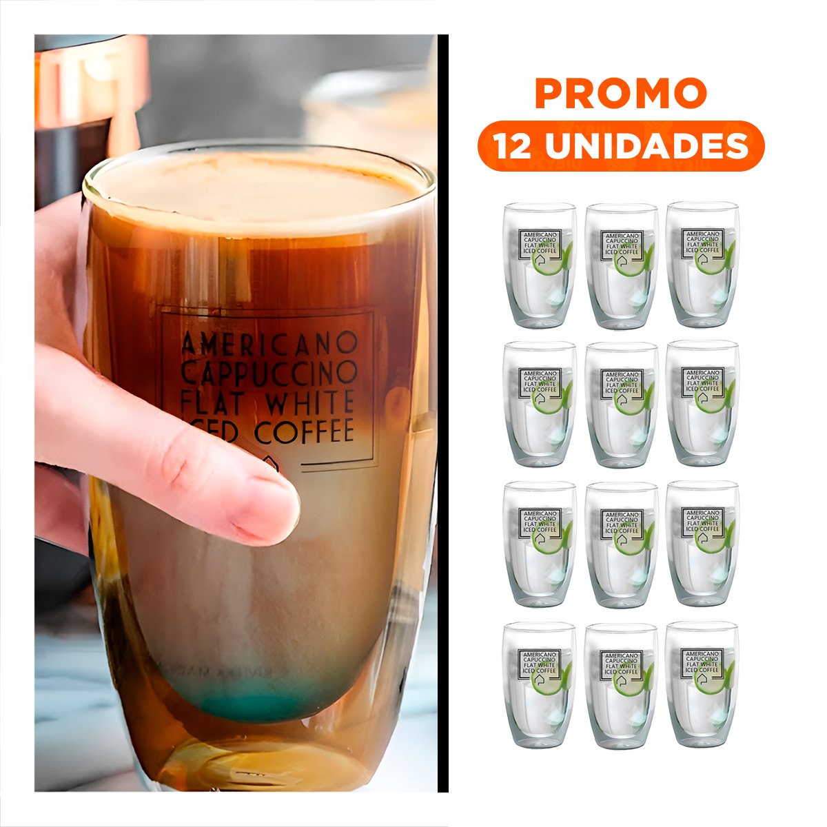 PACK12 TAZA FRAPPUCCINO EN VIDRIO DOBLE CAPA DE 450 ML COLOR TRANSPARENTE Y+REGALO STICKER - 1