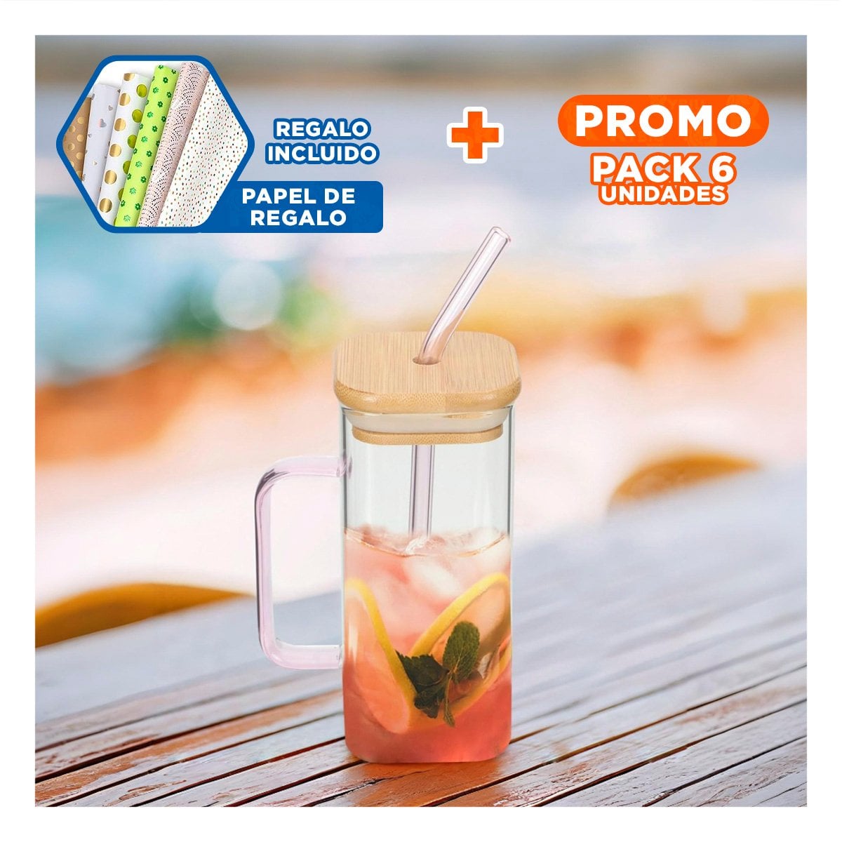 PACK6 JARRO DE COCINA 350 ML TRANSPARENTE CON ASA Y SORBETE Y+PAPEL REGALO - 1