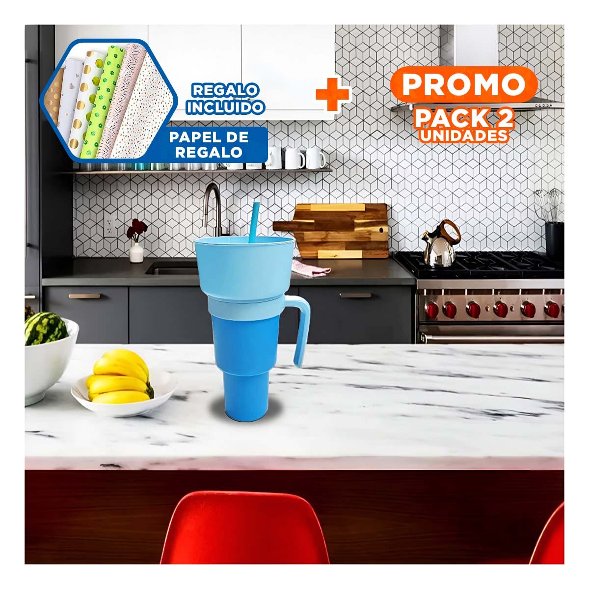 PACK2 VASO 2 EN 1 DE ABS CELESTE PARA COMPARTIR SNACKS EN CASA Y OFICINA Y+PAPEL REGALO - 1