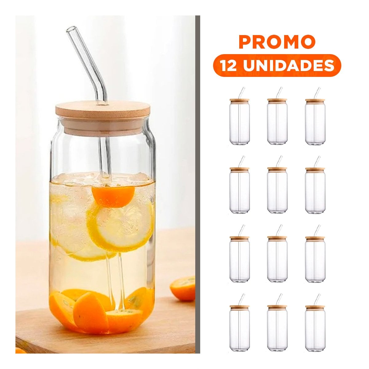 PACK12 FRASCO PRACTICO DE VIDRIO 500ML CON TAPA Y SORBETE Y+REGALO STICKER - 1