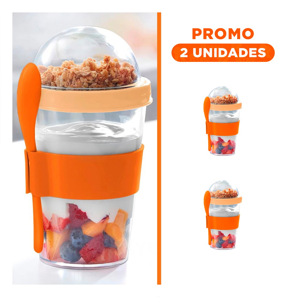 PACK2 VASO CON CUCHARA REUTILIZABLE PARA YOGURT Y CEREAL 350 ML ANARANJADO - 1
