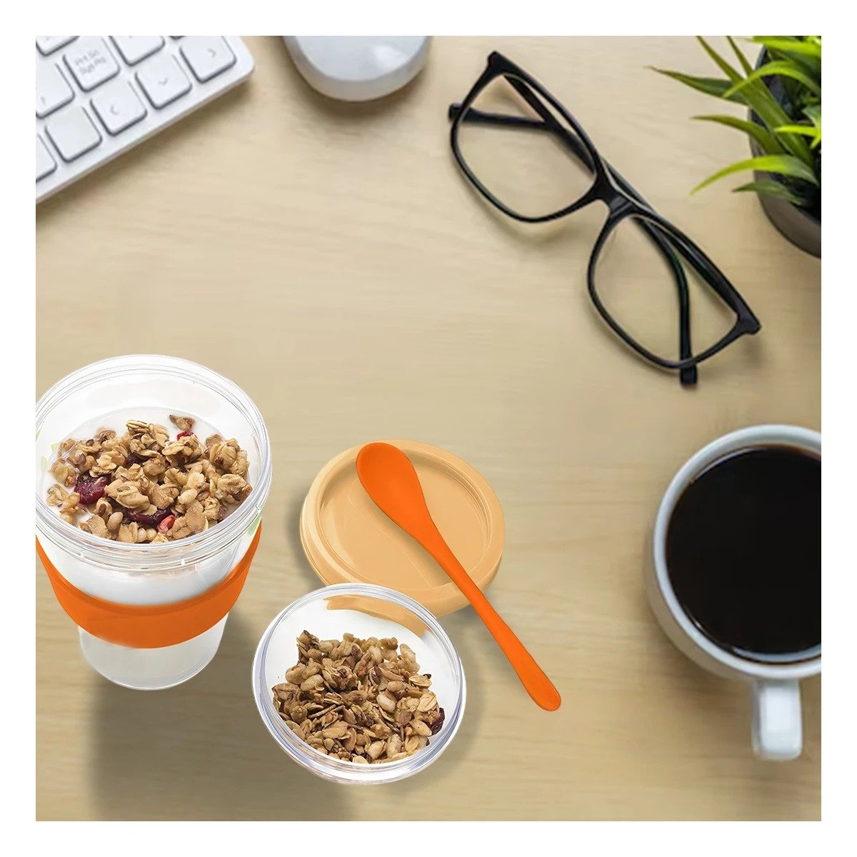 PACK2 VASO CON CUCHARA REUTILIZABLE PARA YOGURT Y CEREAL 350 ML ANARANJADO - 5