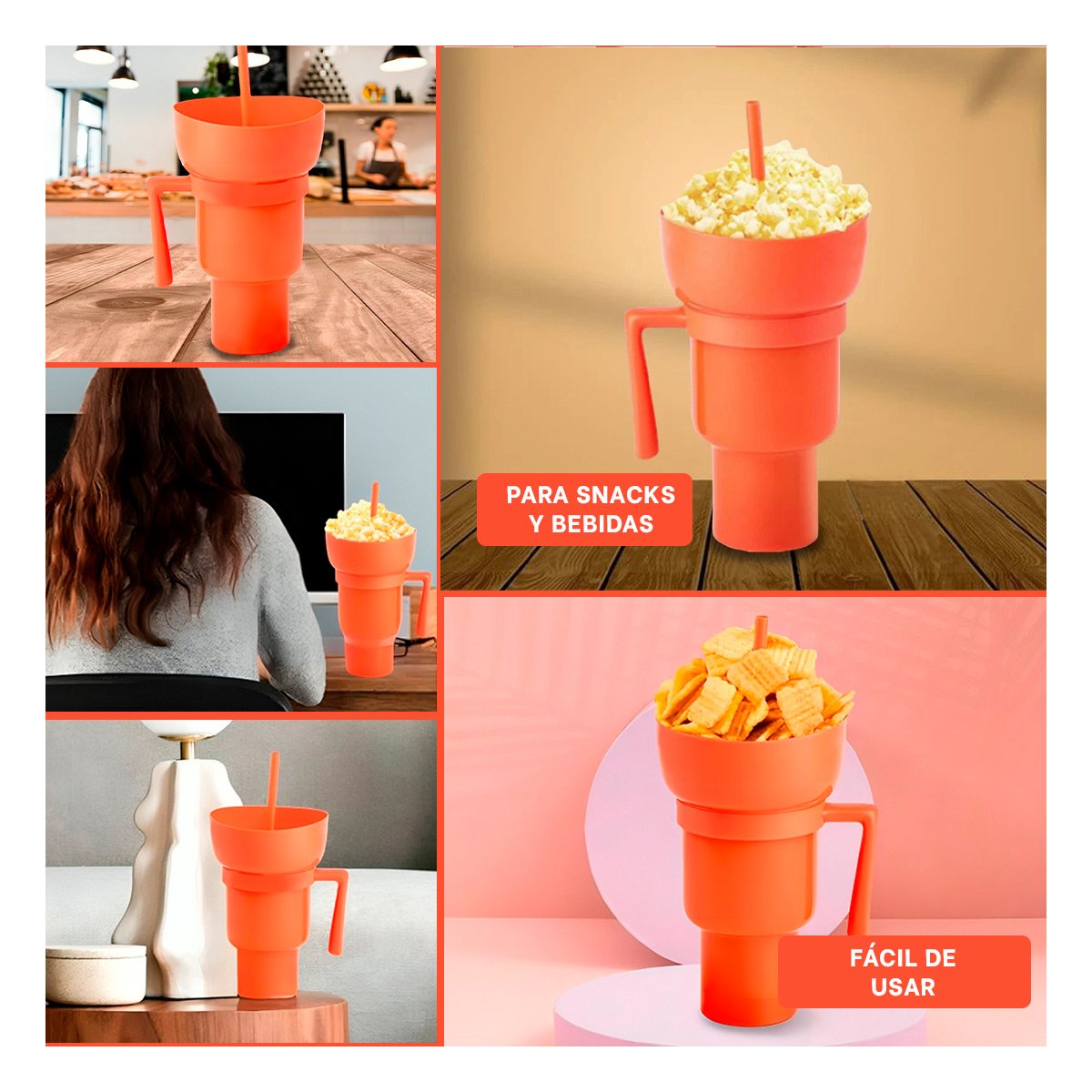PACK4 CONTENEDOR 2 EN 1 EN ABS ANARANJADO PARA BEBIDAS Y SNACKS Y+REGALO STICKER - 2