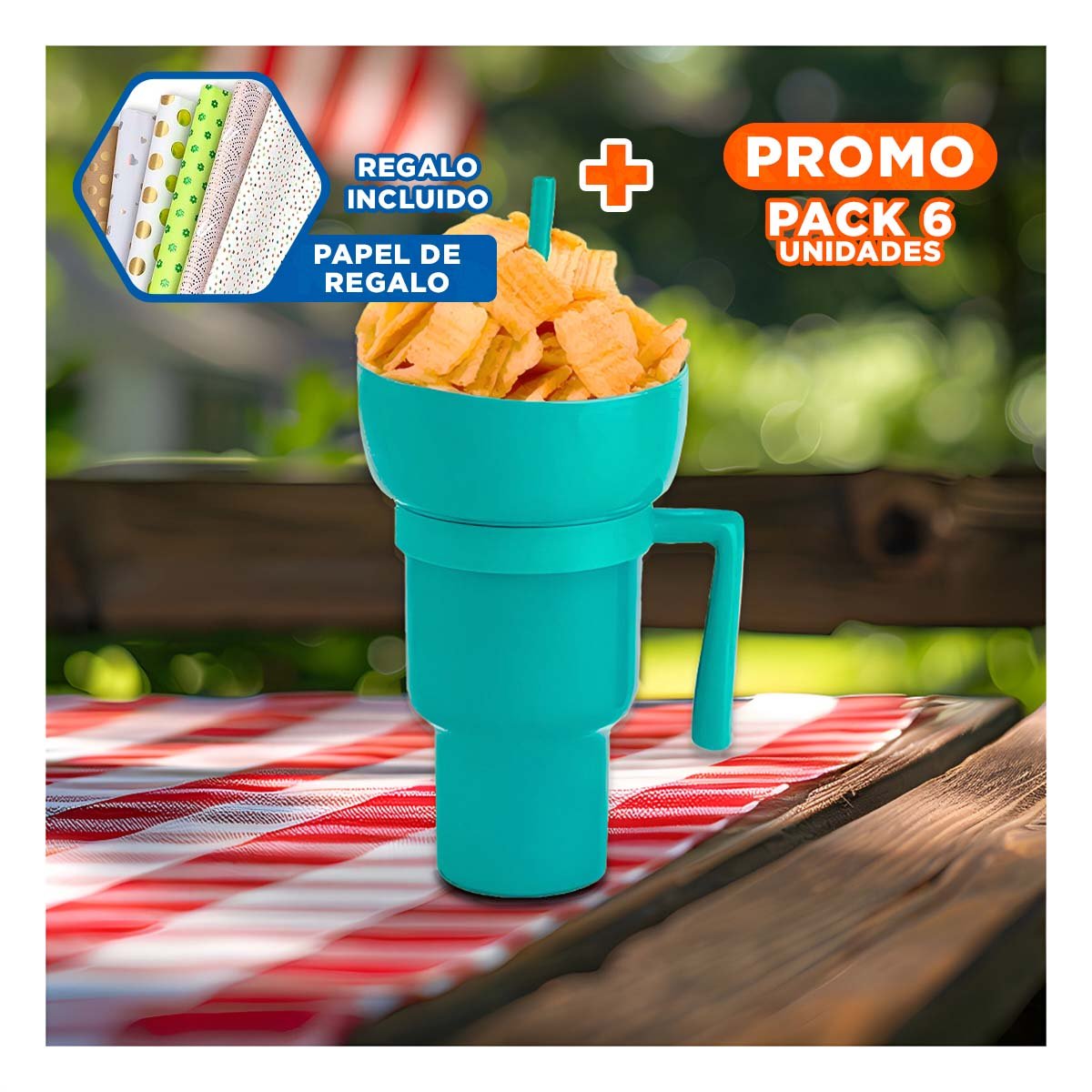 PACK6 CONTENEDOR 2 EN 1 CON ACABADO VERDE Y CUERPO ABS PARA SNACKS Y+PAPEL REGALO - 1