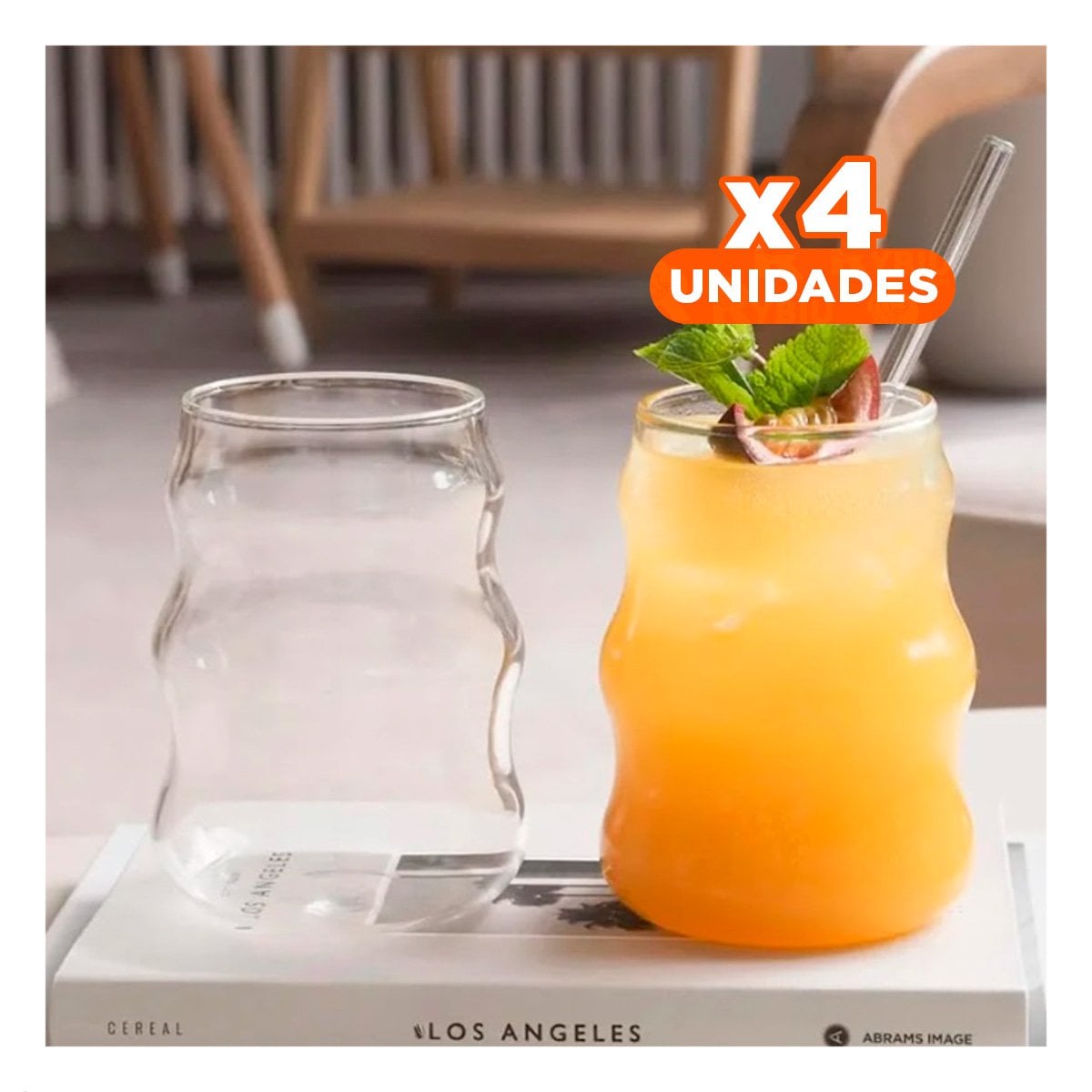 PACK4 CONTENEDOR DE VIDRIO 500ML CON TAPA Y SORBETE TRANSPARENTE DISENO CURVAS - 1