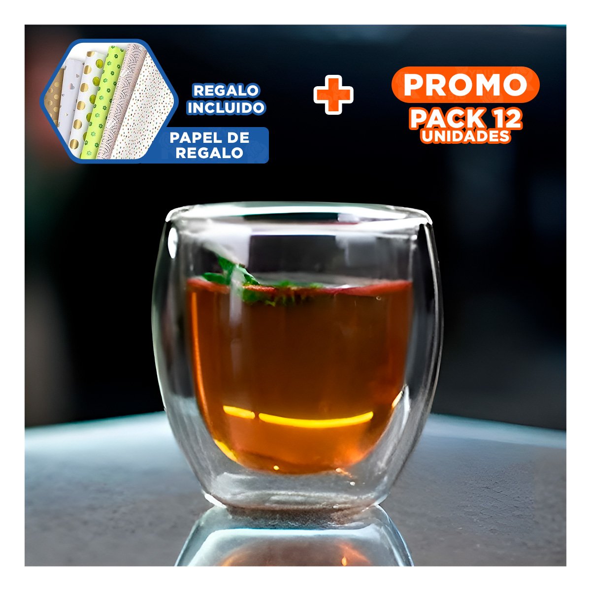 PACK12 LED VASO DOBLE CAPA 460 ML TRANSPARENTE COMPLEMENTO MODERNO CASA Y+PAPEL REGALO - 1