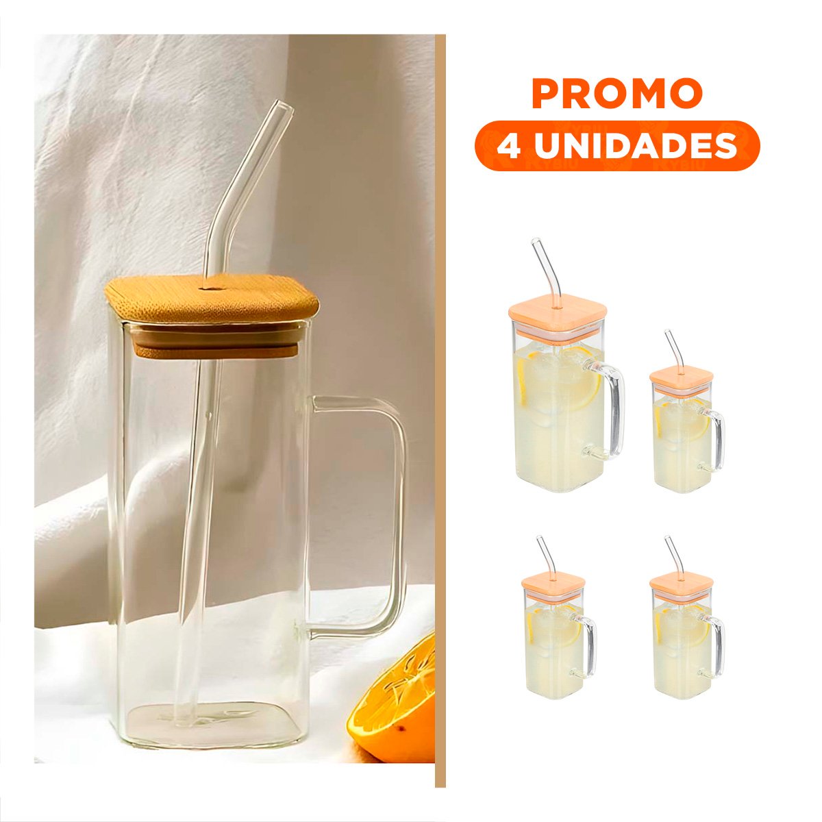 PACK4 VASO PRACTICO 350 ML TRANSPARENTE CON ASA Y SORBETE Y+REGALO STICKER - 1