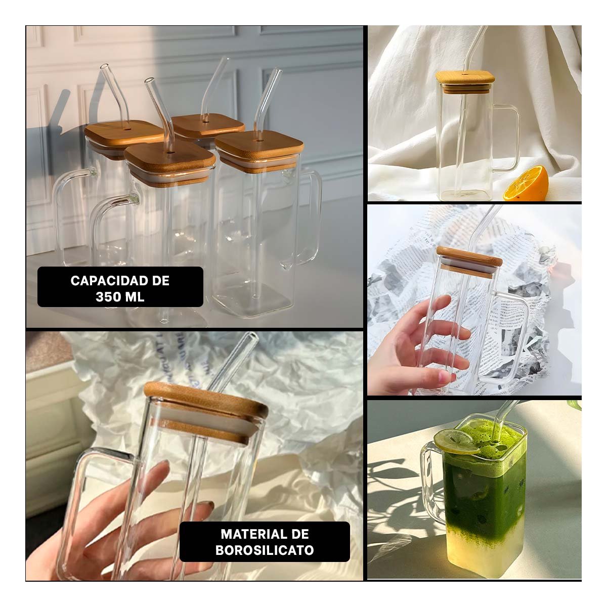 PACK4 VASO PRACTICO 350 ML TRANSPARENTE CON ASA Y SORBETE Y+REGALO STICKER - 2