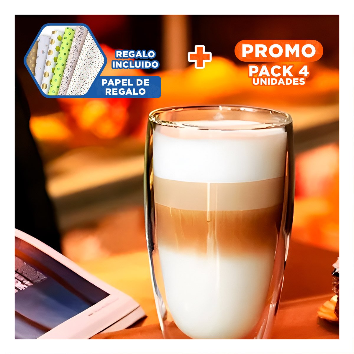 PACK4 TAZA VIDRIO BOROSILICATO TRANSPARENTE 400ML ESTILO DOBLE CAPA MODERNA Y+PAPEL REGALO - 1