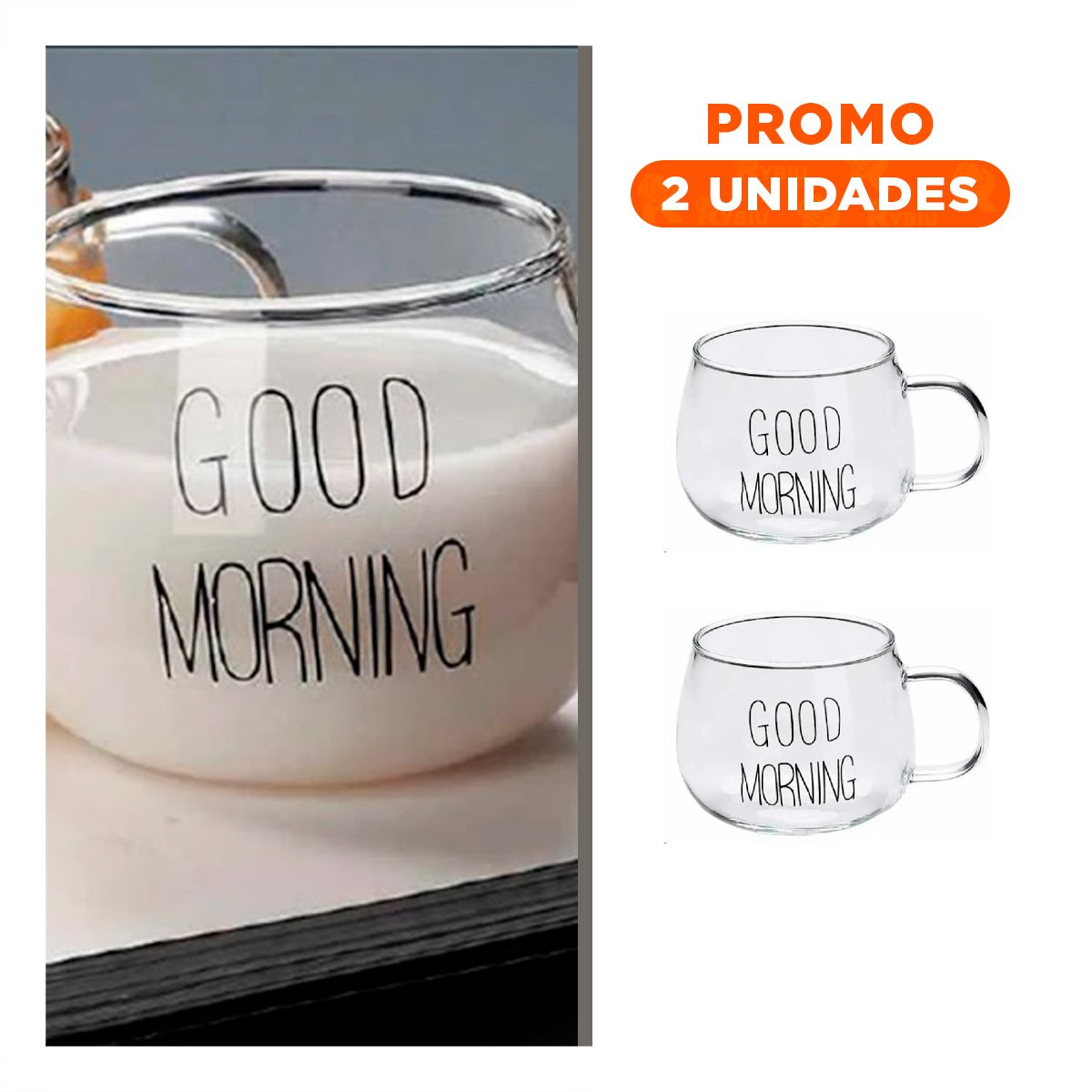 PACK2 TAZA 350 ML DE VIDRIO TRANSPARENTE ESTILO FRASE GOOD MORNING - 1