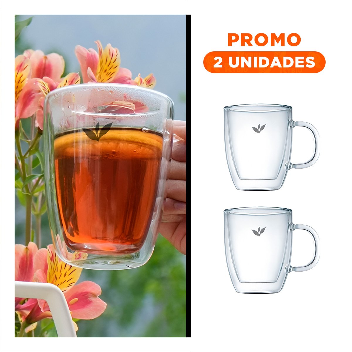 PACK2 TAZA DE 8X5,6X11CM EN VIDRIO TRANSPARENTE CON HOJITAS CONTENIDO DE 250ML - 1