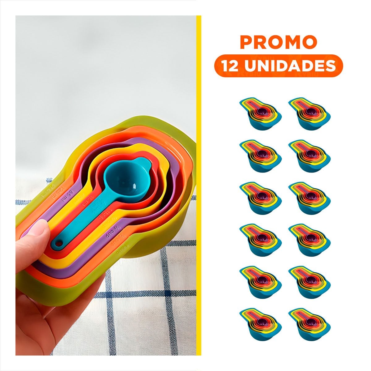 PACK12 CONTENEDOR COCINA 6 TAZAS Y CUCHARAS MEDIDORAS MULTICOLOR SEGURO Y+REGALO STICKER - 1