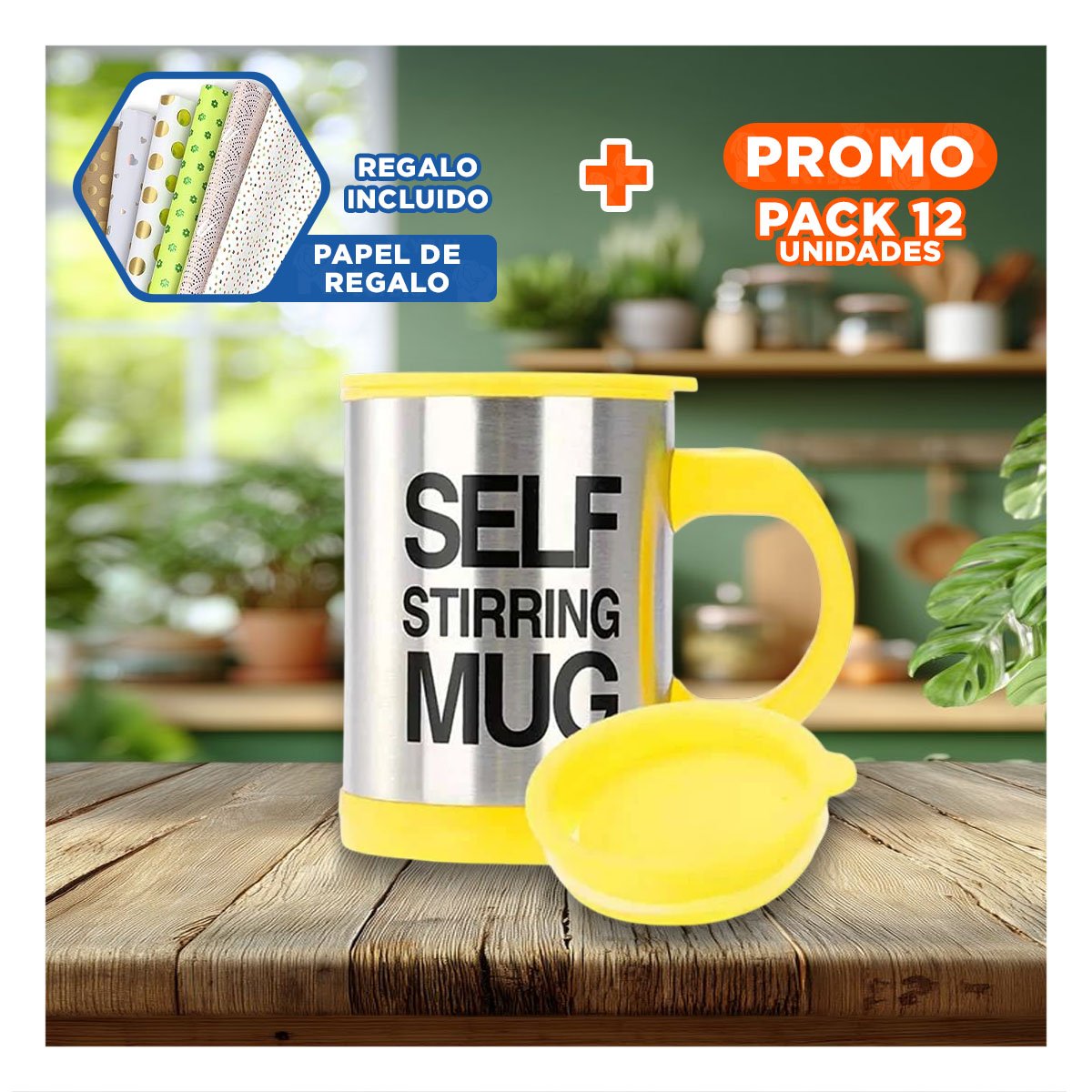 PACK12 MEZCLADOR PRACTICO 400 ML CON 2 PILAS AAA AMARILLO Y+PAPEL REGALO - 1