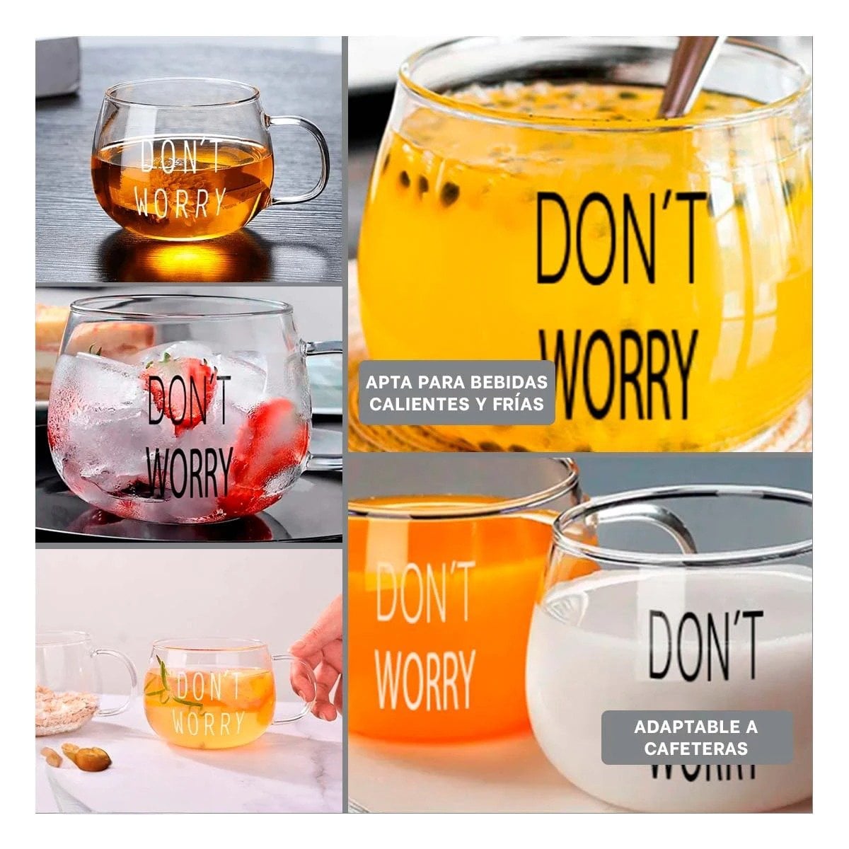 PACK6 COPA CON FRASE DONT WORRY 350 ML TRANSPARENTE DE VIDRIO Y+PAPEL REGALO - 3