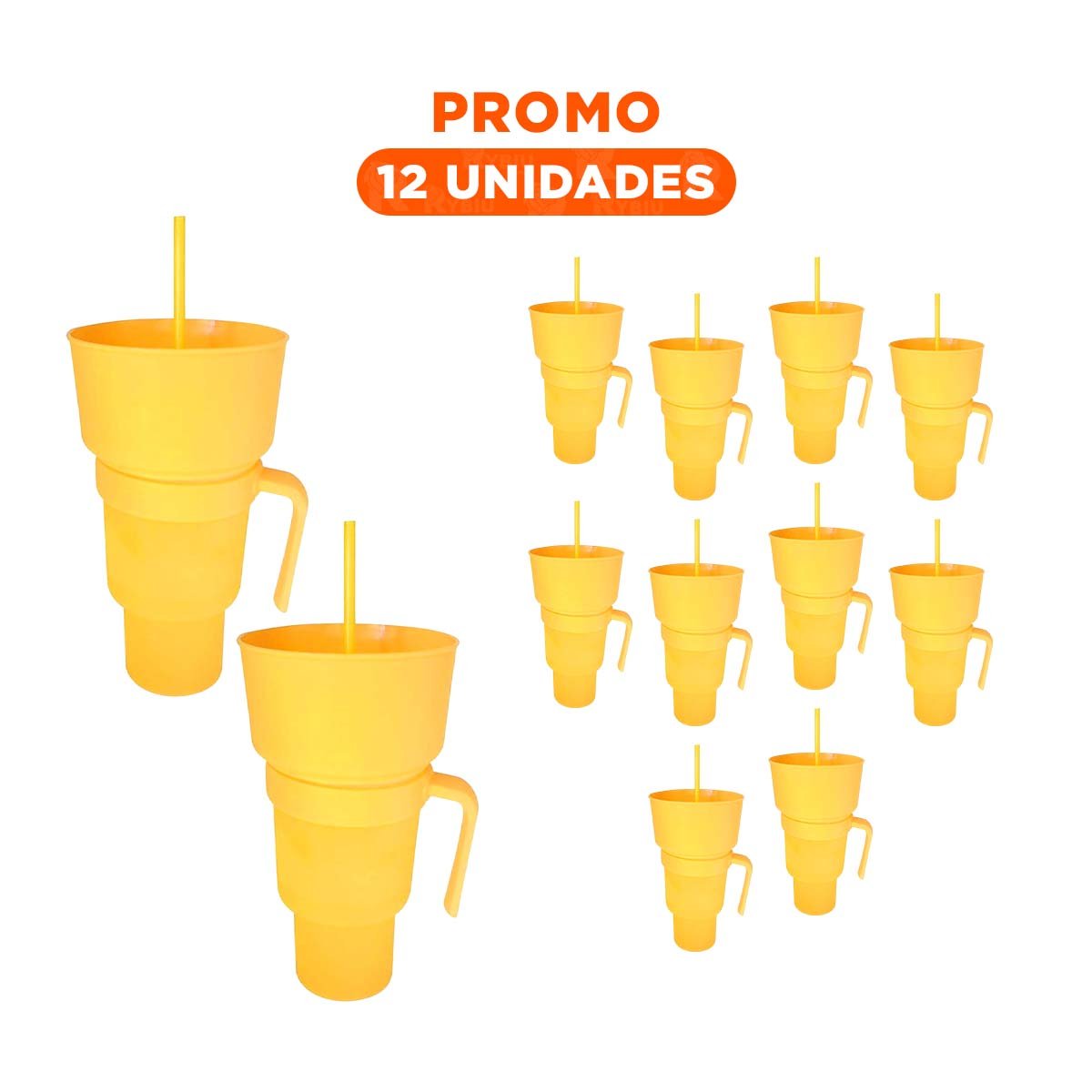 PACK12 TAZA 2 EN 1 DE MATERIAL ABS AMARILLO PARA BEBIDAS Y SNACKS PRACTICOS Y+REGALO STICKER - 1