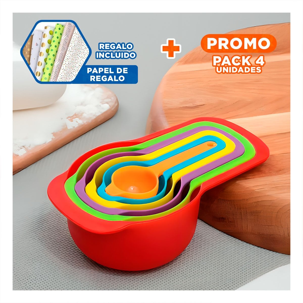 PACK4 BANDEJA COCINA 6 TAZAS Y CUCHARAS MEDIDORAS MULTICOLOR COMPACTO Y SEGURO Y+PAPEL REGALO - 1