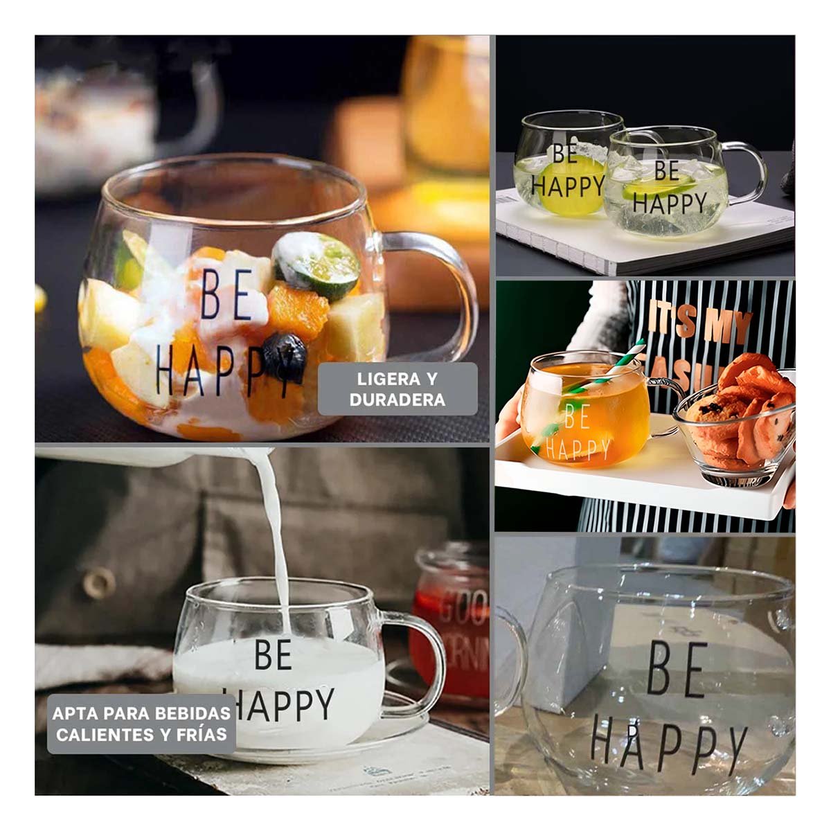 PACK6 COPA CON FRASE BE HAPPY 350 ML TRANSPARENTE DE VIDRIO Y+PAPEL REGALO - 3