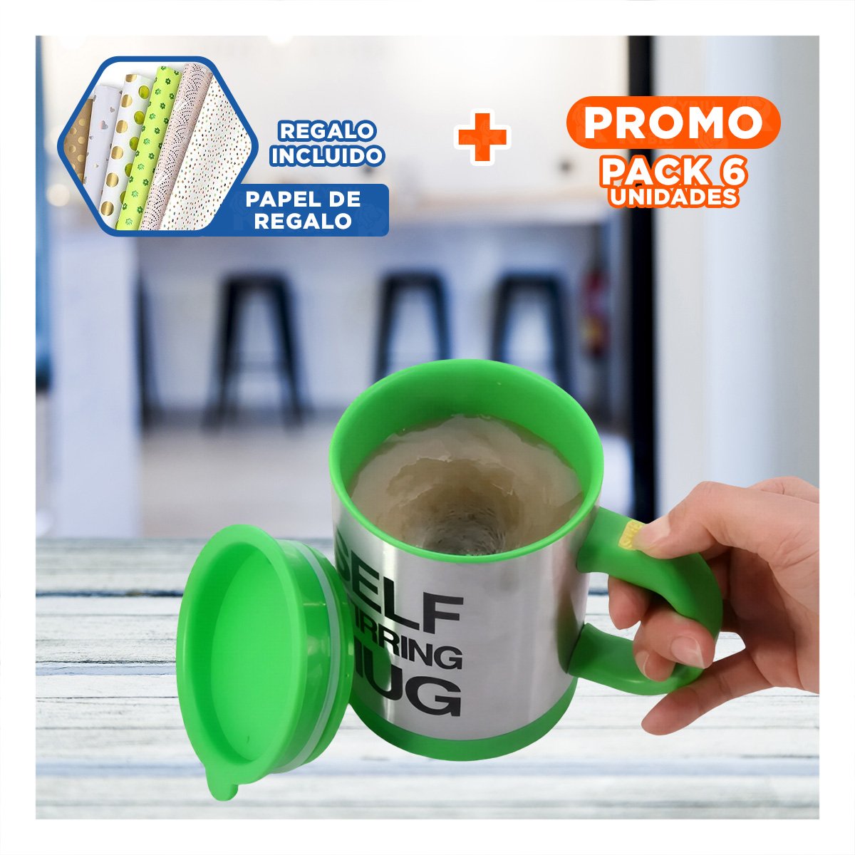 PACK6 BATIDOR PORTATIL ELECTRICO 400 ML CON 2 PILAS AAA PARA OFICINA VERDE Y+PAPEL REGALO - 1