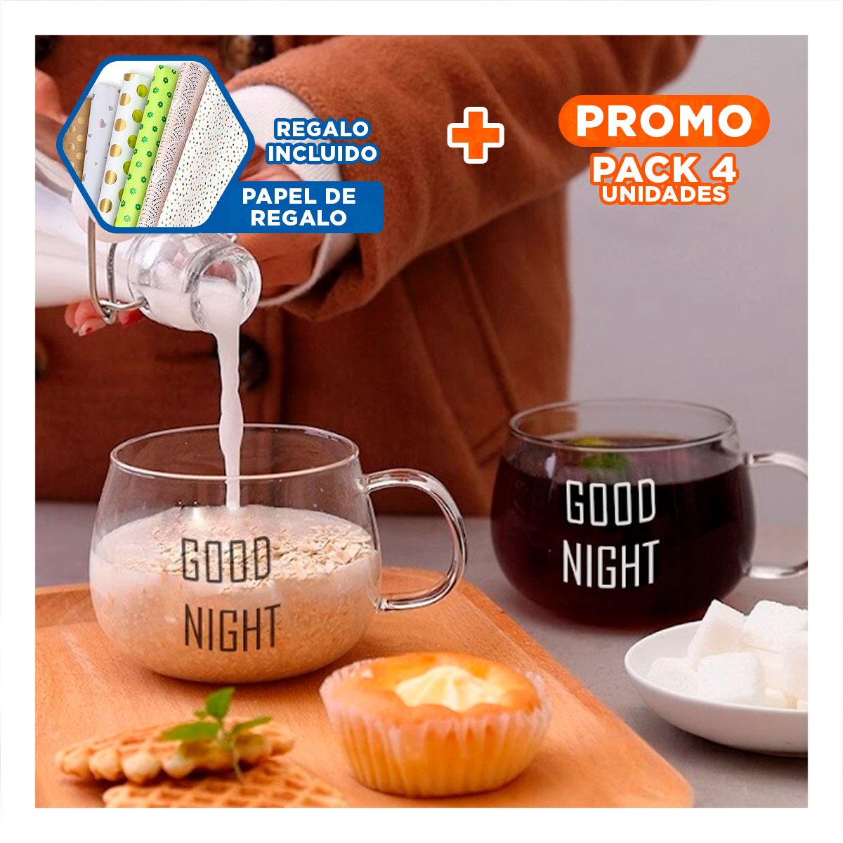PACK4 TAZA CON FRASE GOOD NIGHT 350 ML VIDRIO TRANSPARENTE ELEGANTE Y+PAPEL REGALO - 1