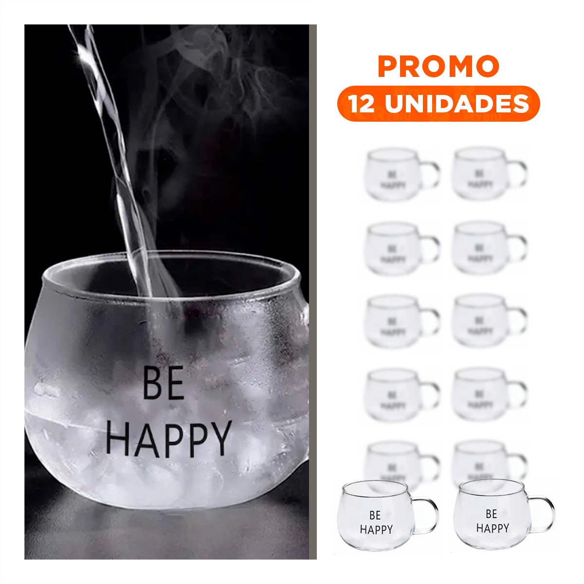 PACK12 JARRO DE VIDRIO TRANSPARENTE 350 ML CON FRASE BE HAPPY MODERNA Y+REGALO STICKER - 1