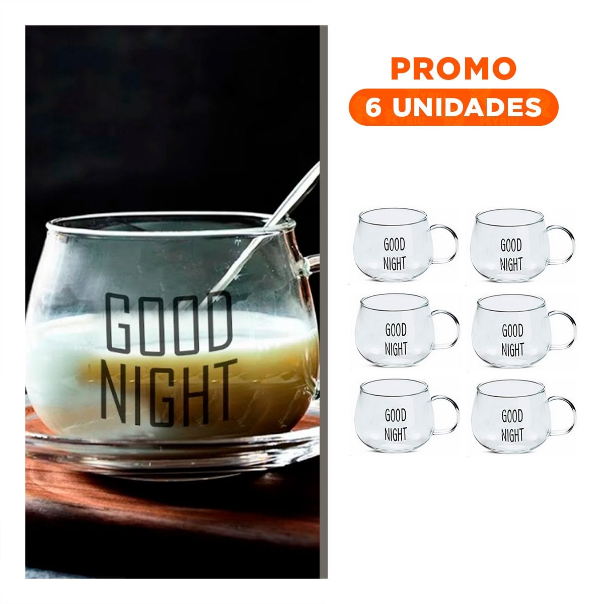 PACK6 COPA 350 ML VIDRIO TRANSPARENTE CON MENSAJE GOOD NIGHT ELEGANTE - 1