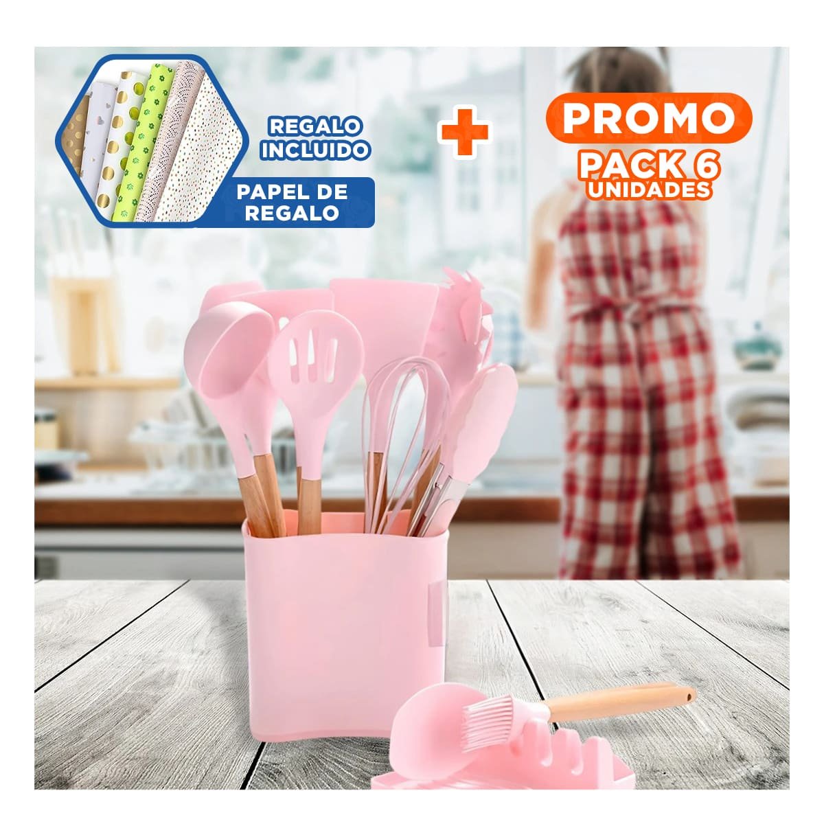 PACK6 JUEGO RESISTENTE DE COLOR ROSADO DE 11 CUCHARONES SILICONA CON POSA Y+PAPEL REGALO - 1