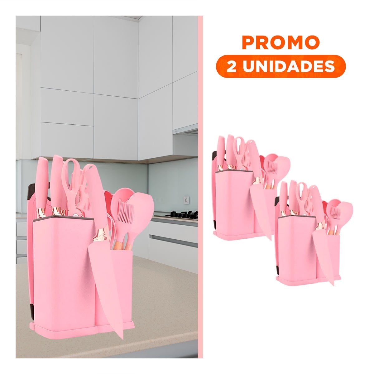 PACK2 SET COCINA INTEGRAL ACABADO ROSADO CON 18 PIEZAS Y TABLA INOXIDABLE - 1