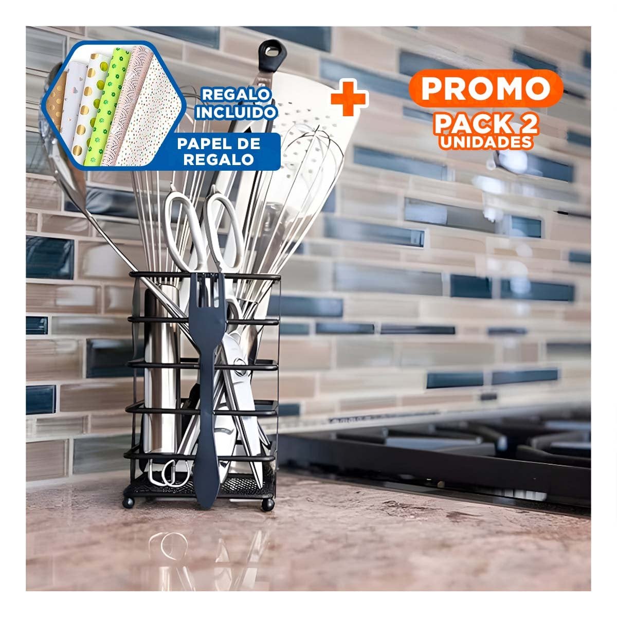 PACK2 ORGANIZADOR EN METAL NEGRO RECTANGULAR PARA CUBIERTOS DE COCINA PRACTICA Y+PAPEL REGALO - 1