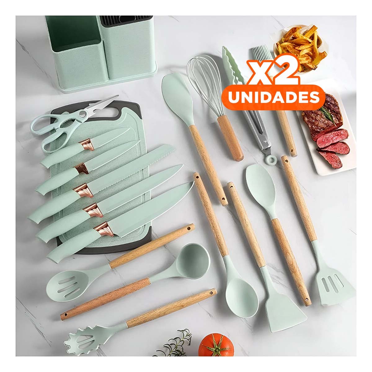 PACK2 SET ENFOQUE COCINA PROFESIONAL 18 PZ ACERO INOXIDABLE CON TABLA VERDE Y+REGALO STICKER - 1