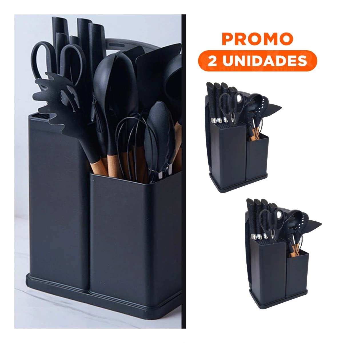 PACK2 SET COCINA INTEGRAL ACABADO NEGRO CON 18 PIEZAS Y TABLA INOXIDABLE - 1
