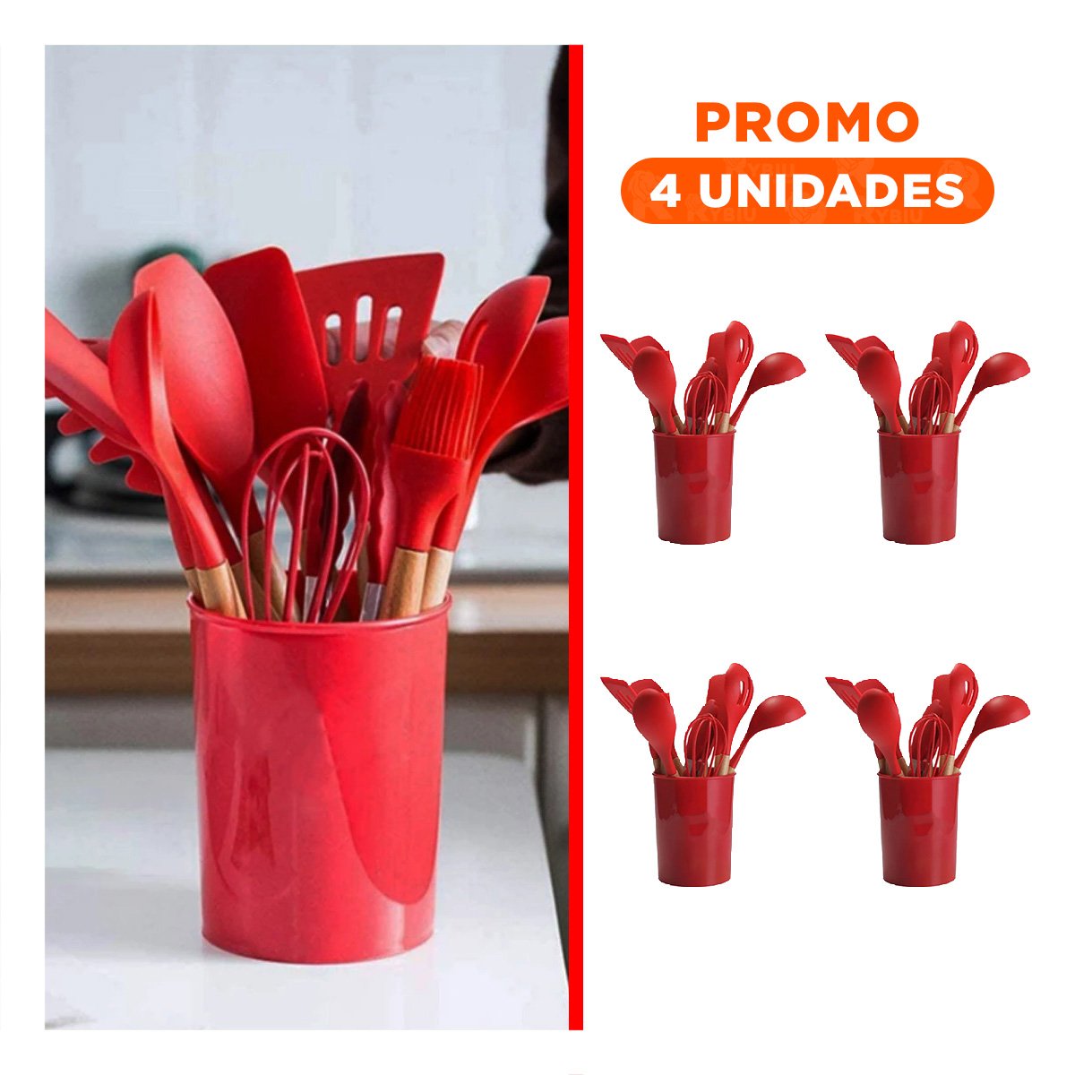 PACK4 CONJUNTO 12 PIEZAS DE UTENSILIOS EN SILICONA COLOR ROJO PARA COCINA Y+REGALO STICKER - 1