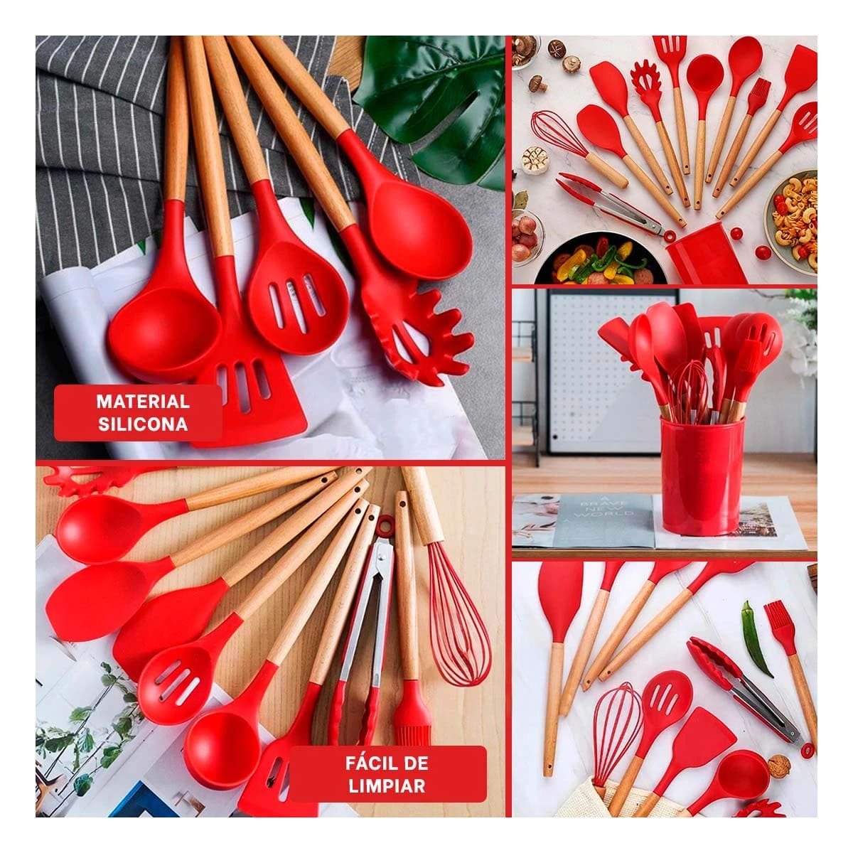 PACK4 CONJUNTO 12 PIEZAS DE UTENSILIOS EN SILICONA COLOR ROJO PARA COCINA Y+REGALO STICKER - 2