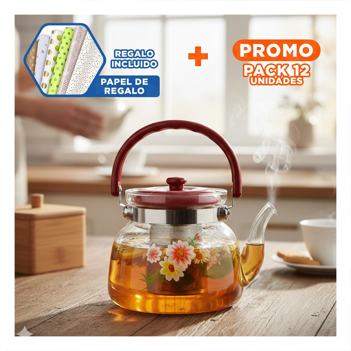 PACK12 DISPENSADOR DE VIDRIO PARA TE Y CAFE 1400ML TRANSPARENTE - GUINDA Y+PAPEL REGALO - 1