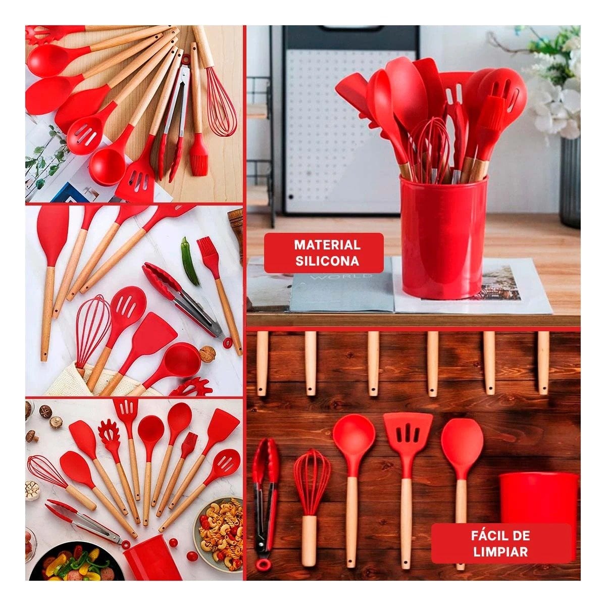 PACK12 COLECCION DE COCINA EN SILICONA COLOR ROJO CON 12 PIEZAS PARA USO DIARIO Y+PAPEL REGALO - 2