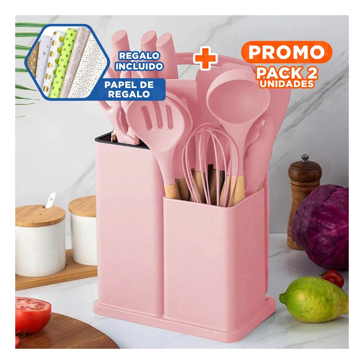 PACK2 SET 18 PIEZAS COCINA PROFESIONAL FABRICADAS EN ACERO INOXIDABLE ROSADO Y+PAPEL REGALO - 1