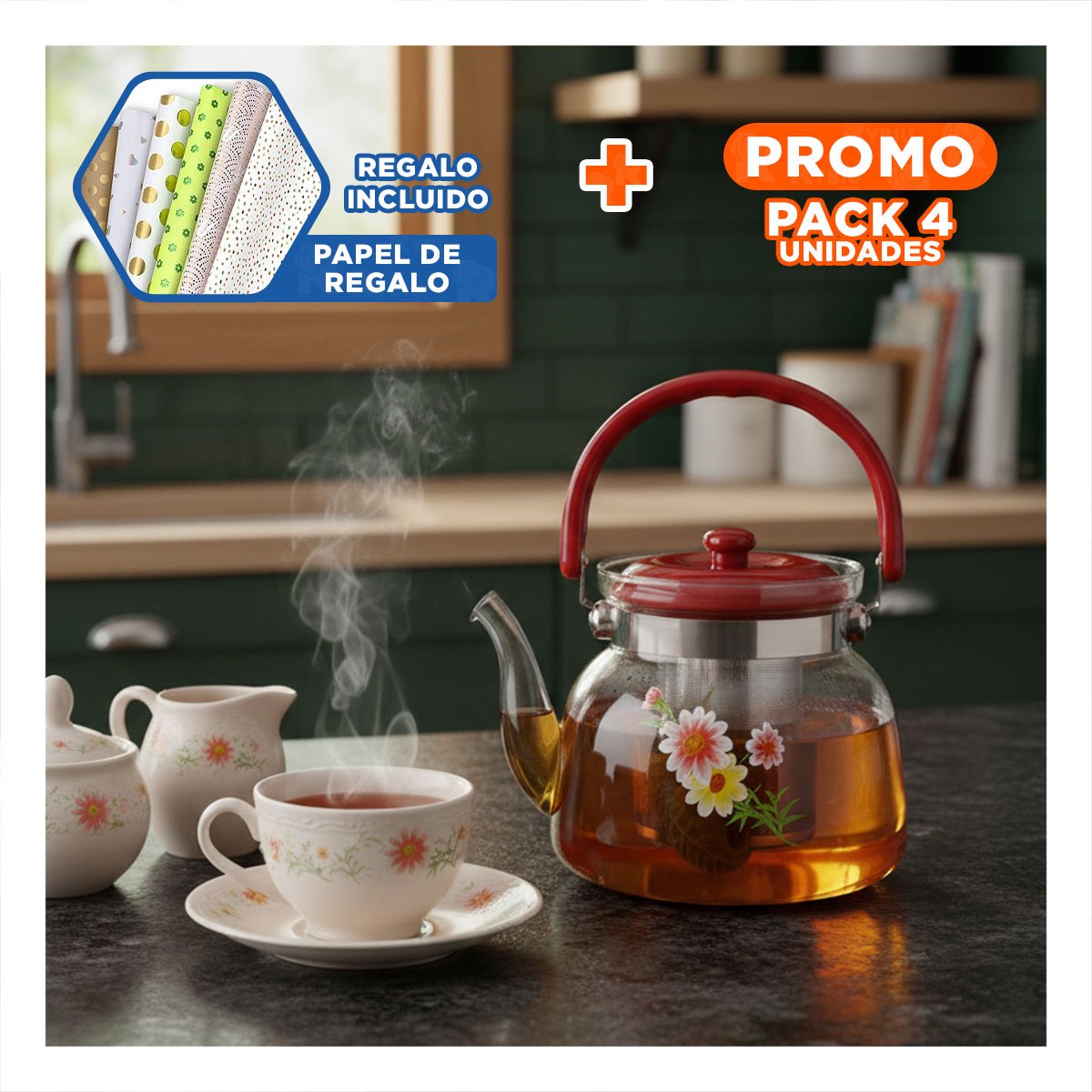 PACK4 JARRA PRACTICA QUE MANTIENE BEBIDAS CALIENTES 1400ML GUINDA Y+PAPEL REGALO - 1