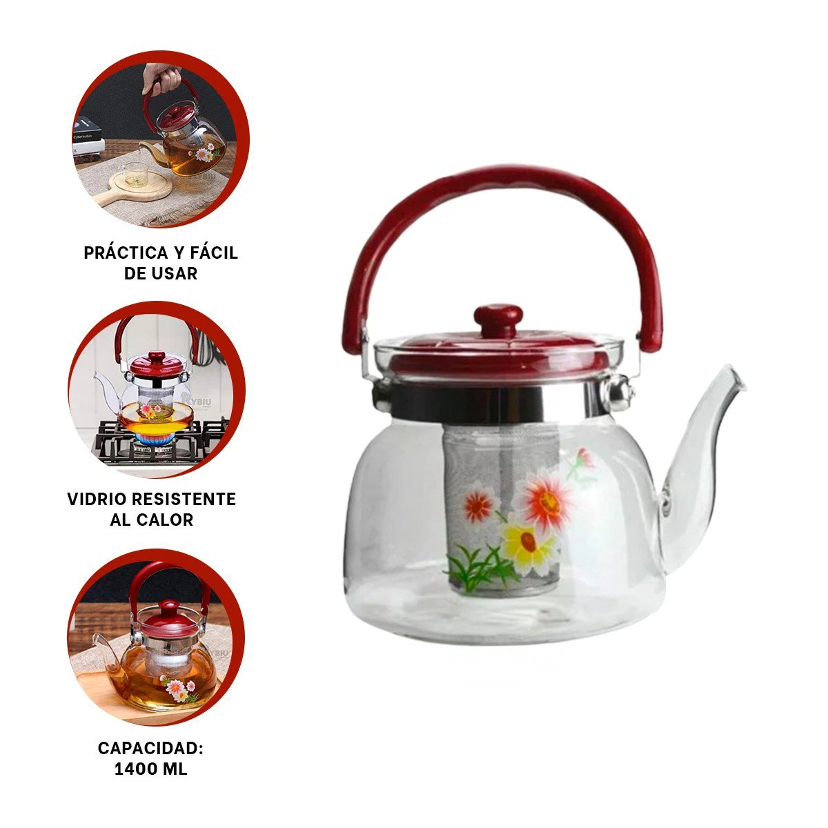 RECIPIENTE DE VIDRIO PARA TE Y CAFE 1400ML TRANSPARENTE GUINDA - 3