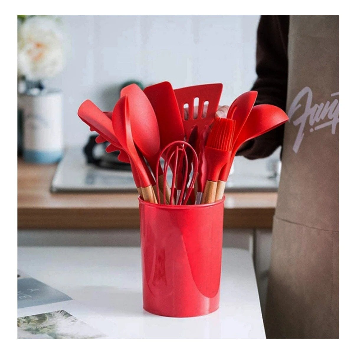 PACK6 CONJUNTO DE COCINA EN SILICONA COLOR ROJO CON 12 PIEZAS PARA USO DIARIO Y+PAPEL REGALO - 2