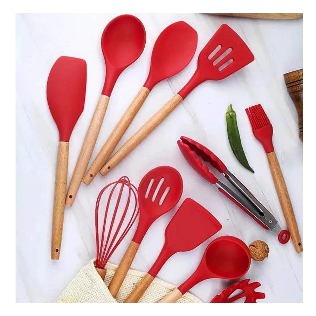 PACK6 CONJUNTO DE COCINA EN SILICONA COLOR ROJO CON 12 PIEZAS PARA USO DIARIO Y+PAPEL REGALO - 5