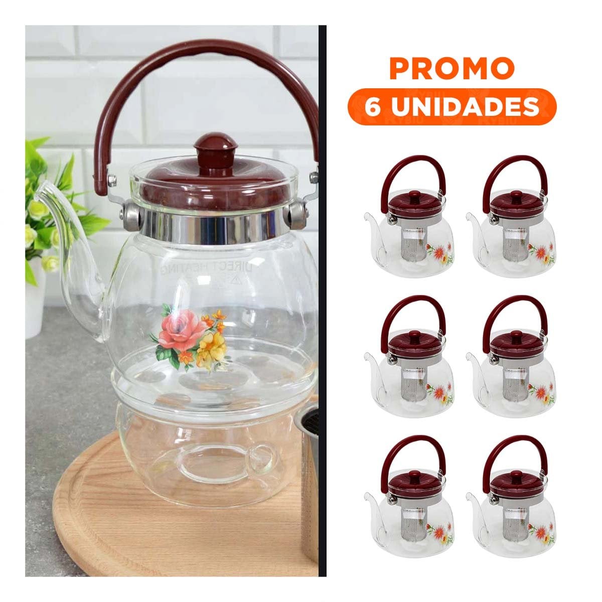 PACK6 RECIPIENTE TRANSPARENTE 600ML CON TAPA GUINDA PARA HIDRATACION DIARIA - 1