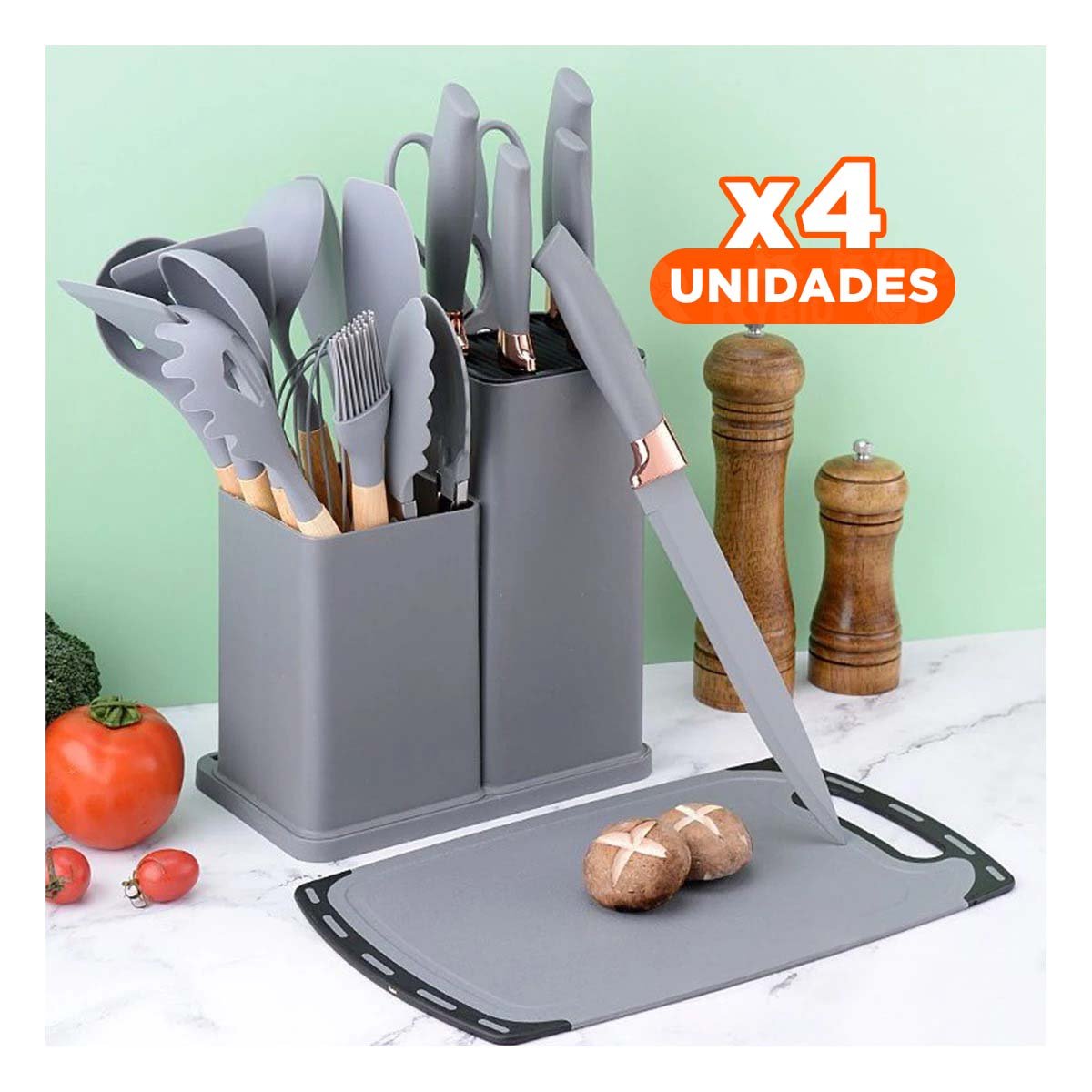 PACK4 SET COCINA MODERNA CON 18 PIEZAS EN PLOMO Y ESTRUCTURA INOXIDABLE - 1