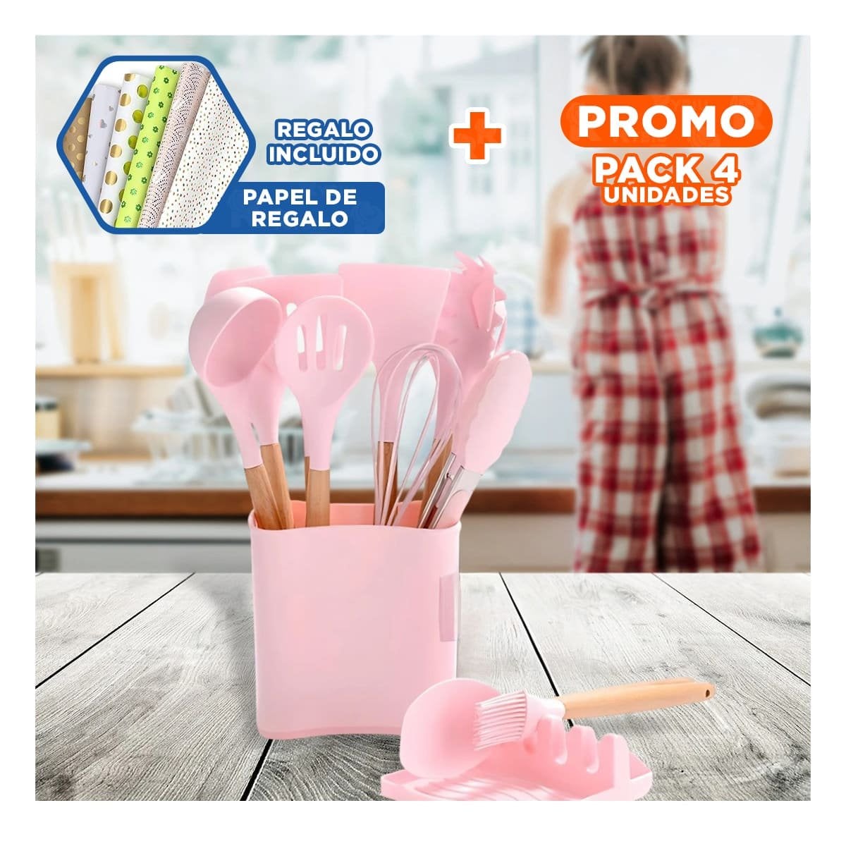 PACK4 SET MULTIUSO DE COLOR ROSADO DE 11 CUCHARONES SILICONA CON BASE Y+PAPEL REGALO - 1