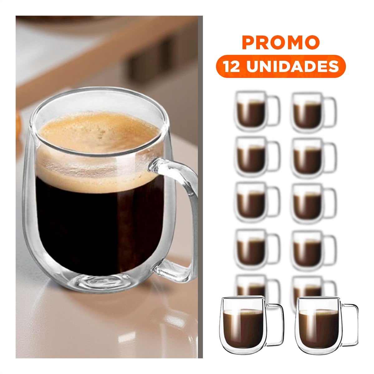 PACK12 COPA DOBLE CAPA ESPRESSO DE 100 ML EN COLOR TRANSPARENTE ASA CUADRADA Y+REGALO STICKER - 1