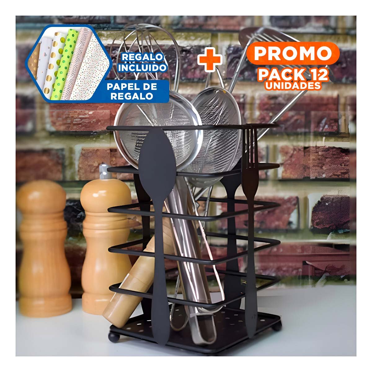 PACK12 CESTA RECTANGULAR DE COCINA CON ESTRUCTURA DE METAL NEGRO PARA CUBIERTOS Y+PAPEL REGALO - 1